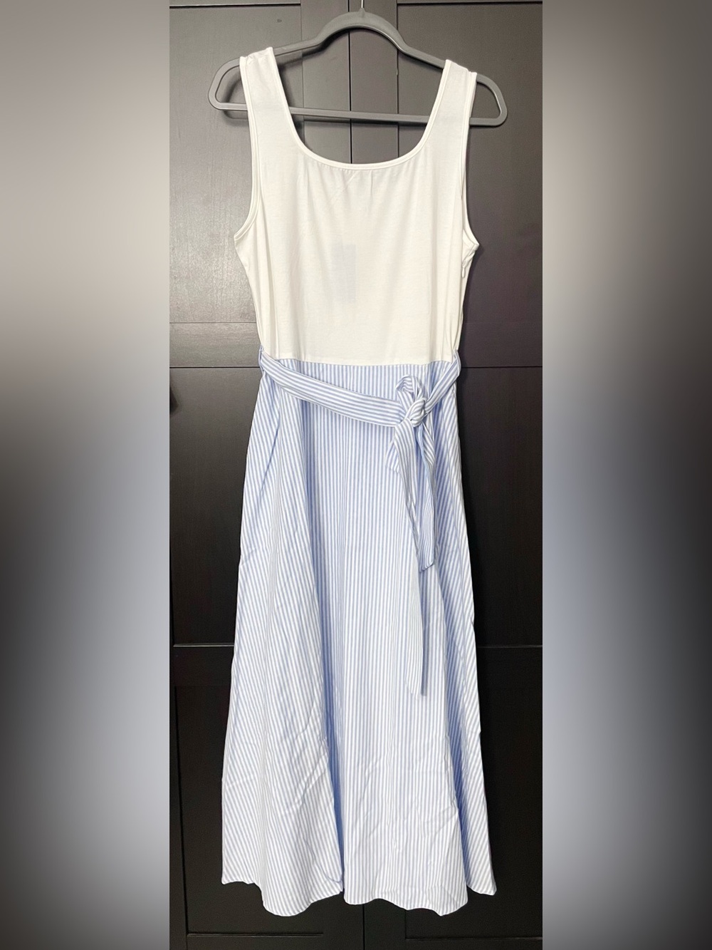 Cupshe White & Light Blue Striped Belted Tank Maxi Dress NWT - L